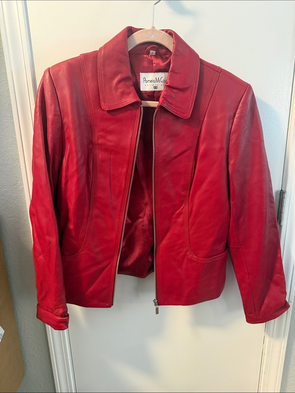Pamela McCoy Vibrant Red Leather Zip-Front Jacket